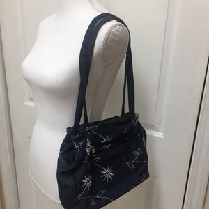 Denim Handbag With Flower Stitching